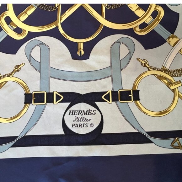 Vintage Hermes Pellier Paris Eperon d' Or Silk Scarf Blues with light Gray - Picture 13 of 16